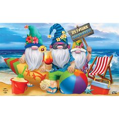 two gnomes sitting on the beach with a sign that says it's summer