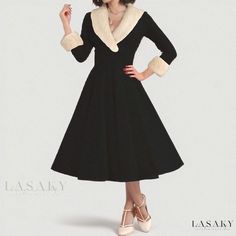 Lasaky - Christmas Fashion Long-Sleeve Dress with Chic Faux Fur Collar, Seductive Low-Cut and Slim-Fit Design Sleeved Dress, Mid Length Skirts, Elegant Christmas, Faux Fur Collar, Christmas Fashion, Christmas Dress, Fur Collar, Fur Collars, Cut Design