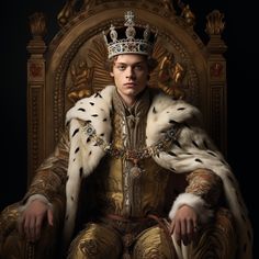 a man sitting on top of a golden throne wearing a crown and fur stoler