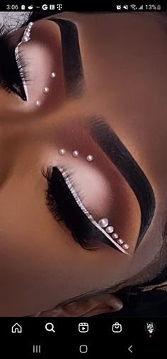 Rhinestone Make Up Looks, Makeup Looks With White Waterline, Makeup With Pearls Black Women, Eyeshadow Looks With Pearls, Pearl Makeup Looks Prom, Pearl Makeup Looks Black Women, White Makeup Looks Black Women, Diamond Makeup Looks, White Makeup Looks