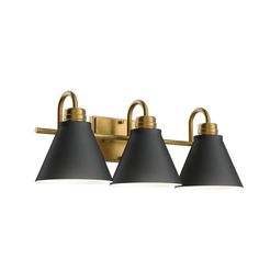 three light bathroom fixture in an antique brass finish with matte black shades and gold accents