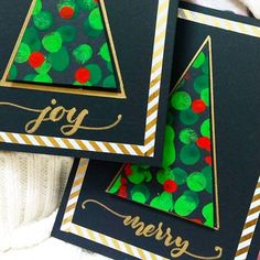 three christmas cards with the words joy and merry written on them