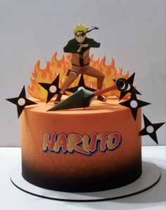 a birthday cake with an image of naruto on top and stars around it