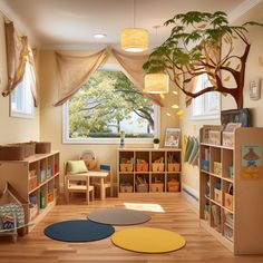 a child's playroom with toys and bookshelves in the corner,