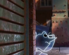 a cartoon character is peeking out from behind a brick wall