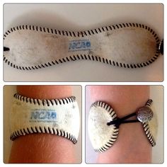 three different views of a baseball bracelet made out of old baseballs and leather cords