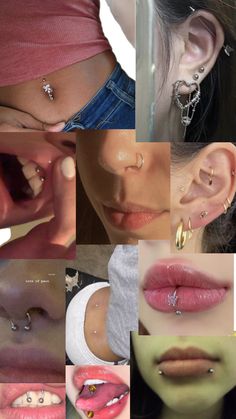 multiple images of different types of piercings on women's ears, nose and lips