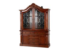 a wooden china cabinet with glass doors on the top and bottom drawers, in an antique style