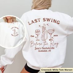 Celebrate your upcoming nuptials in style with our Custom Last Swing Before the Ring Sweatshirts, perfect for your personalized Golf Bachelorette or Bachelor Party. Whether you're hitting the greens with your best gals or planning a Golf Bachelor Party, our Golfing Bach Crewneck or Hoodie ensures everyone looks their best while being cozy. Don't forget to thank your bridesmaids or  groomsmen with thoughtful gifts that commemorate this special occasion. Explore our full range of products includin Bach Gift, Party Sweaters, Golf Theme, Personalized Golf, Custom Golf, Bachelor Party, Hand Warmers, Cut And Style, Golf