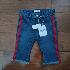 Cropped With Fringes, Pockets And Red Stripe Down Sides. Cropped Denim Pants, Janie And Jack, Red Stripe, Pants Color, Blue Jean, Kids Bottoms, Cropped Pants, Red Blue, Blue Jeans