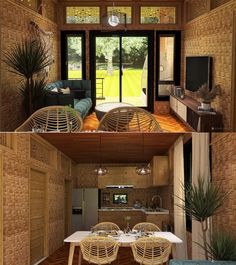 two pictures of a living room, dining area and kitchen with sliding glass doors to the outside