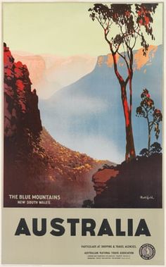 an old poster advertising the blue mountains in australia, with trees and mountains behind it