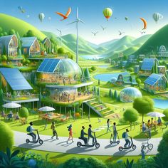 a painting of people riding scooters in front of a green landscape with houses and hot air balloons