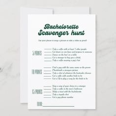 the bachelor scavenger hunt card is shown on a white background with green lettering