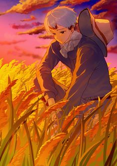 an anime character is standing in the middle of tall grass with his back to the camera