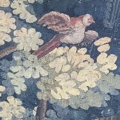 two birds sitting on top of white flowers in a painting with blue and yellow colors