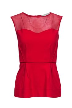 Current Boutique-Stella McCartney - Red Sleeveless Peplum Top Sz 6 Sheer Sleeveless Mesh Top For Evening, Chic Sleeveless Sheer Top, Summer Sheer Bodice Mesh Top, Fitted Sleeveless Mesh Top, Elegant Sleeveless Mesh Top For Evening, Spring Sheer Sleeveless Mesh Top, Sheer Sleeveless Mesh Top For Spring, Fitted Sleeveless Mesh Top For Summer, Fitted Red Mesh Top For Spring