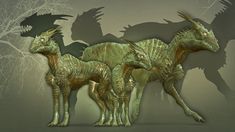 three dinosaurs standing next to each other in front of a shadow filled wall with trees