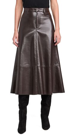 Find CITIZENS OF HUMANITY Cassia Faux Leather Skirt on Editorialist. Fabric: Mid-weight, non-stretch faux leather. Raw hem. Hook-and-eye closures at waist, zip fly. Shell: 50% cowhide/30% polyurethane/10% polyester/10% viscose. Dry clean. Made in the USA. Measurements: Measurements from size 25 Length: 33.5in / 85.0cm Fitted Flared Leather Skirt, Fitted Leather Flared Skirt, Relaxed Flared Leather Skirt, Leather Flared Skirt For Fall, Fall Leather Flared Skirt, Modern Fitted Leather Skirt, Luxury Fitted Leather Skirt, Leather Lined Midi Skirt, Leather Midi Skirt With Lining