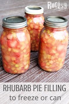 three mason jars filled with rhubarb pie filling to freeze or can