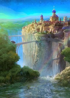 a painting of a castle on top of a waterfall with a rainbow in the sky