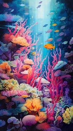 an underwater scene with fish and corals