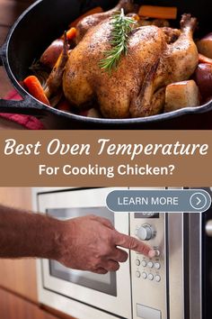 the best oven temperature for cooking chicken is shown in this collage with text overlay that reads, best oven temperature for cooking chicken? learn more