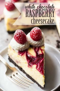 a slice of white chocolate raspberry cheesecake on a plate