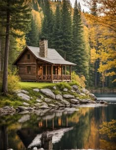 a log cabin sitting on top of a lush green hillside next to a lake surrounded by trees