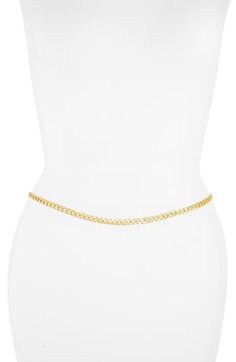 A belly curb chain plated in 18-karat gold will draw light and attention to your midriff. 18k-gold plate Made in the USA or imported Gold Delicate Chain Belt, Delicate Gold Chain Belt, Belly Chain, Curb Chain, Made In The Usa, Body Jewelry, 18k Gold, Gold Necklace, Gold Plate