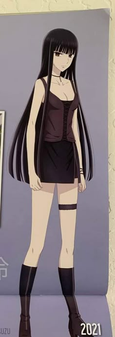 an anime character with long black hair and boots