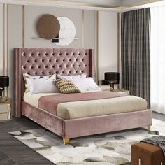 a bed with pink velvet headboard and foot board in a modern bedroom setting,