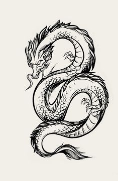 a black and white drawing of a dragon with its tail curled up to the side