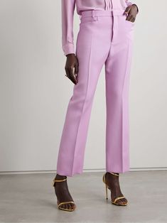 TOM FORD Wool and silk-blend twill skinny pants Elegant Tailored Pink Pants, Formal Pink Long Pants, Tailored Chic Pink Pants, Chic Tailored Pink Pants, Elegant Pink Straight Leg Pants, Fitted Pink Dress Pants With Straight Leg, Pink Fitted Straight Leg Dress Pants, Fitted Pink Straight Leg Dress Pants, Pink Straight Leg Dress Pants For Formal Occasions