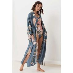 Blue Floral Kimono Robe | Eiyo Kimono Bohemian Style Kimono, Japanese Kimono Fashion, Moda Kimono, Island Outfit, Kimono Floral, Maxi Kimono, Bohemian Kimono, Beach Kimono, Traditional Kimono