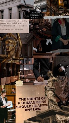 a collage of images with people and law related items in them, including the statue of lady justice