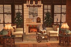 a living room filled with furniture and a fire place in front of a window covered in christmas decorations