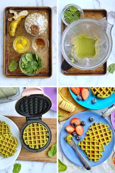 four different views of waffles and fruit on plates