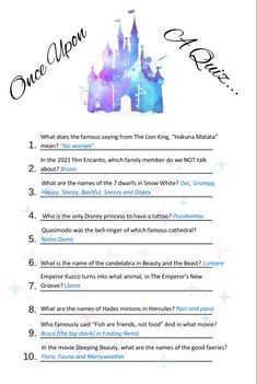 the disney castle quiz is shown in this printable question sheet for adults and children