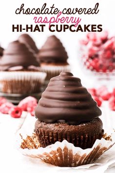 chocolate covered raspberry hi - hat cupcakes with text overlay