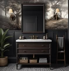 a bathroom with a sink, mirror and painting on the wall above it's vanity