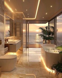 a bathroom with a large bathtub next to the ocean