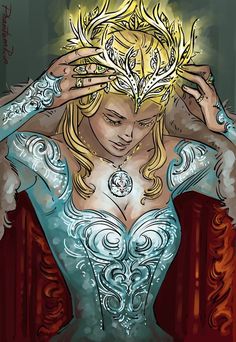 a painting of a woman with tattoos on her head and hands behind her head, wearing a tiara