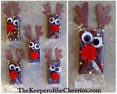 three bags filled with candy and decorated to look like rudolph the red nose reindeers