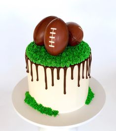 a cake decorated with grass and two footballs on top, sitting on a plate