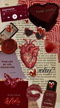 the collage is made up of many different things in red and brown colors, including heart shaped magnets