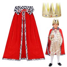 a little boy dressed up as a king and wearing a red cape with polka dots on it