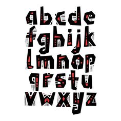 the letters are made up of different types of shapes and sizes, all in black and red