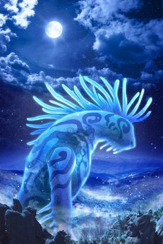 a blue and white dragon standing on top of a mountain under a moon filled sky