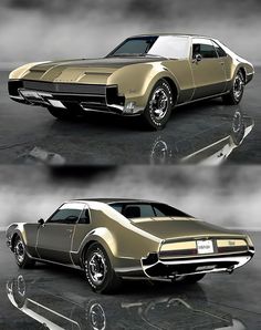 two pictures of the same car in different stages of being painted gold and silver,